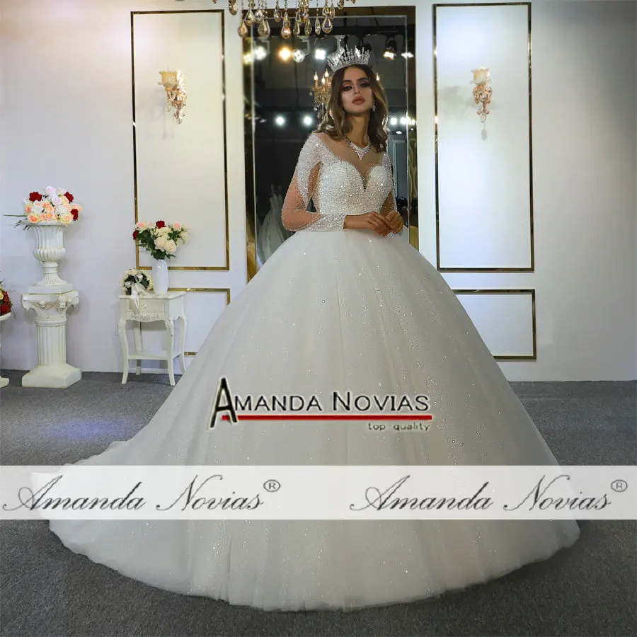 Robe de mariee Полный Бисероплетение с длинными рукавами пышное свадебное платье бальное платье невесты платье