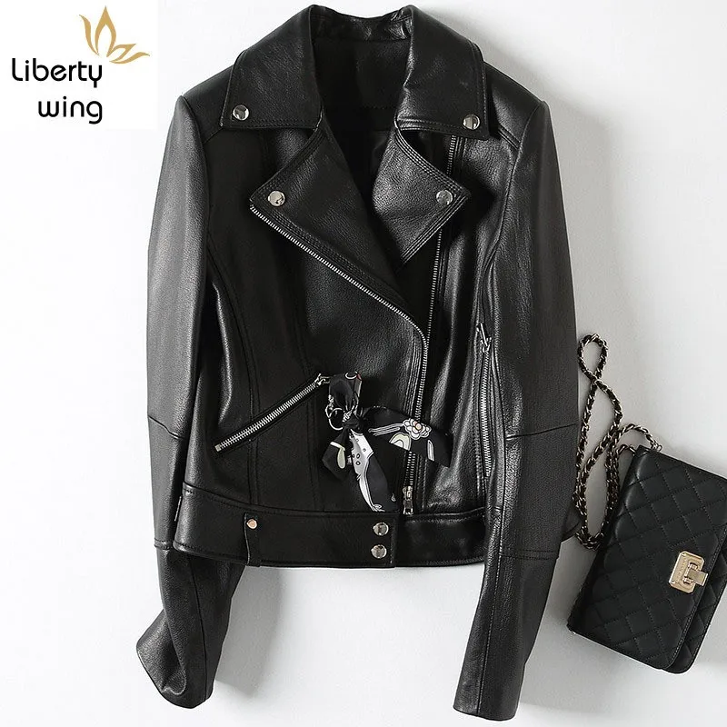

Spring Autumn Brand New Sheepskin Zip Womens Motorcycle Short Jackets High Quality Genuine Leather Slim Fit Office Ladies Coats