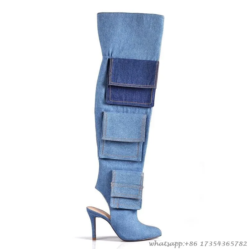 

Denim Stitching Sexy Pocket Pointed Toe Bare Heels Mixed Colors Over The Knee Boots Stiletto Catwalk Famale Spring Thigh Boots