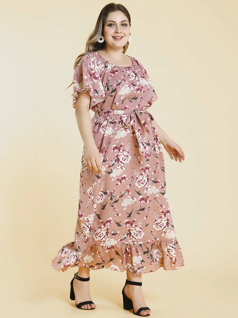 WHZHM розовый цветок размера плюс 3XL 4XL платье женские вечерние с коротким Расклешенным рукавом Vestidos o-образным вырезом цветочный принт Макси пояса платье для женщин
