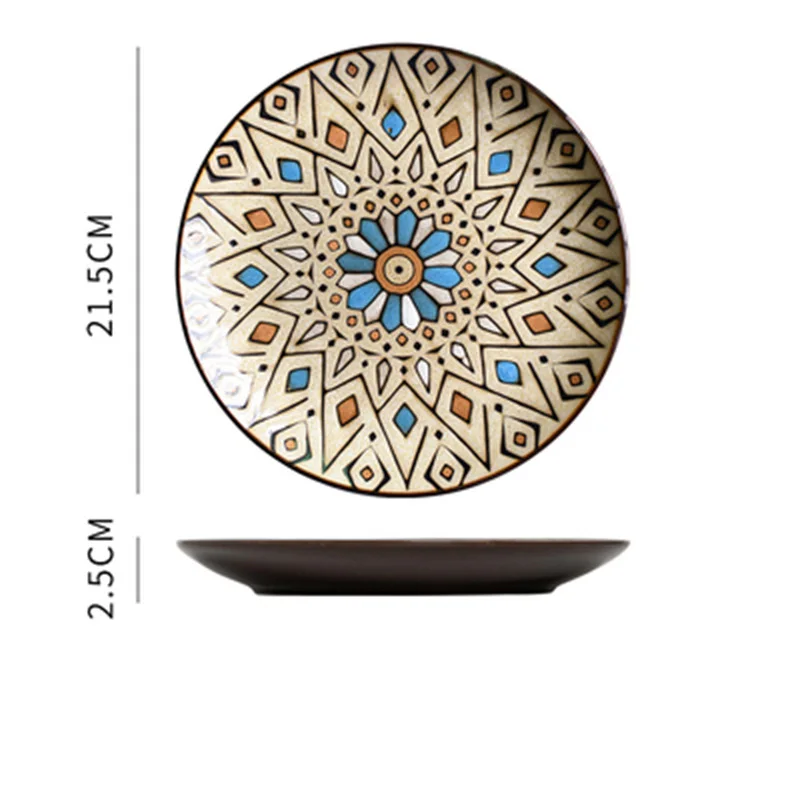 Handpainted Ceramic Plate Set Underglaze Color Home Round Flat