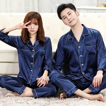 

Couple Pajamas Women Spring Long Sleeve Ice Silk Korean Summer Male Cute Solid Home Clothes Suit Simulation Silk Thin Pijama