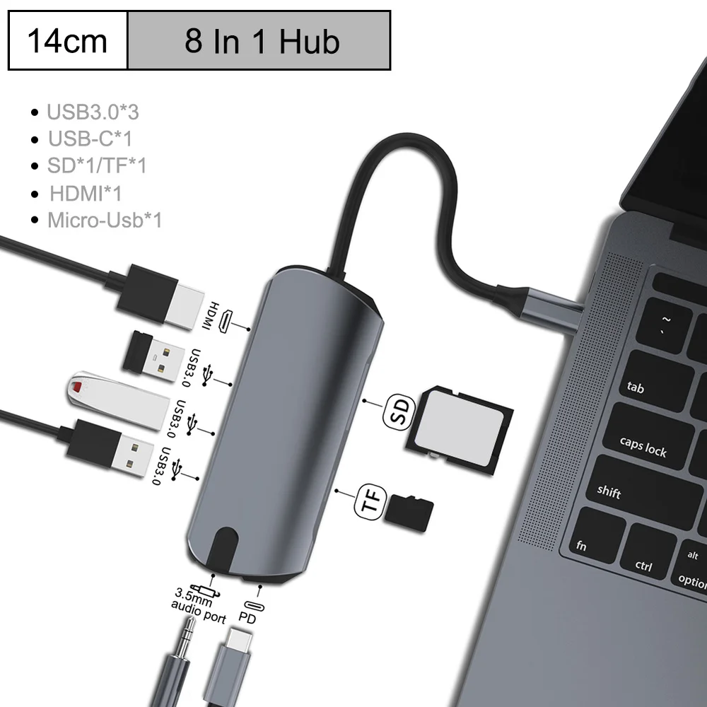 Type c концентратор для мульти-Хаба USB 3,0 HDMI 4 K/SD/TF кард-ридер/PD зарядка аудио/RJ45 адаптер для MacBook Pro type c usb-хаб