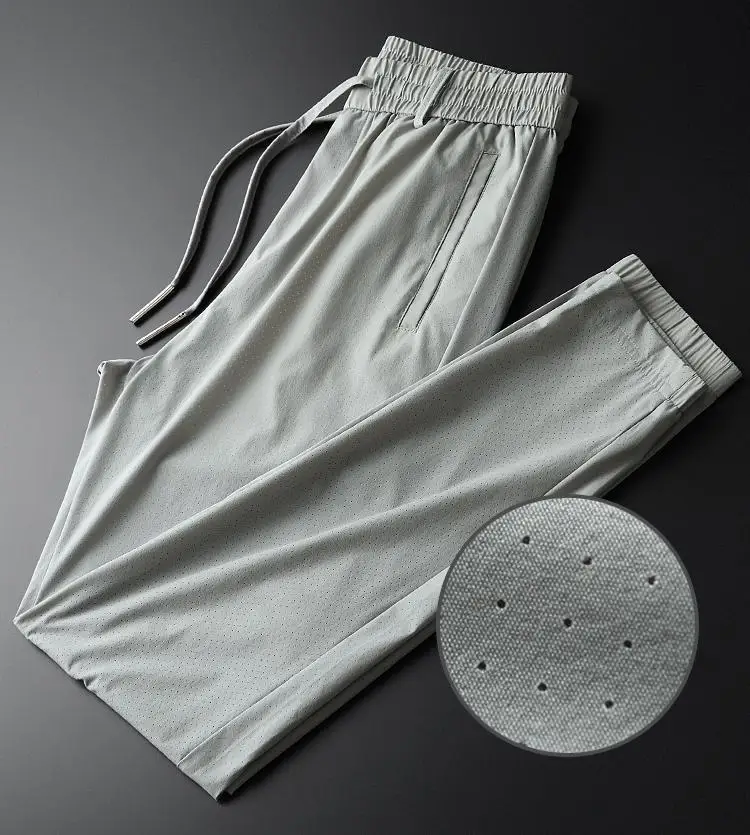 

Summer Luxury Silky Thin Hollow Out Fabric Men Casual Plus Size 4xl Grey Elastic Sport Ankle-length Pants