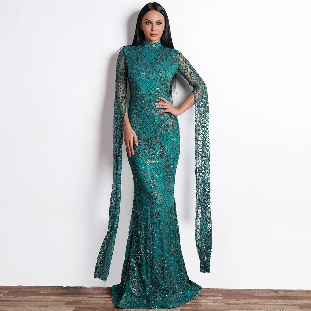 

Shiny Lace Evening Dress Luxury Muslim Evening Gowns 2020 Women's Modest Formal Dresses Long Sleeve