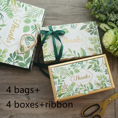 4 box bag ribbon set 18,5*11*4,7 см 3 набора Золотой спасибо зеленые листья дизайн бумажная коробка+ сумка как День рождения Свадьба праздничная подарочная упаковка использования - Цвет: 4 box bag ribbon set