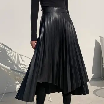 

Fashion heavy industrial motorcycle PU leather pleated skirt women spring autumn high waist long skirt