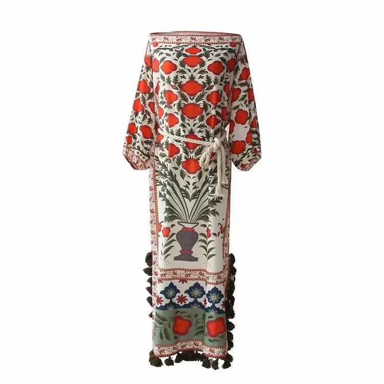 

2018 Western Style Spring And Summer Women's Dress New Style Positioning Printed Tassels Long Skirts