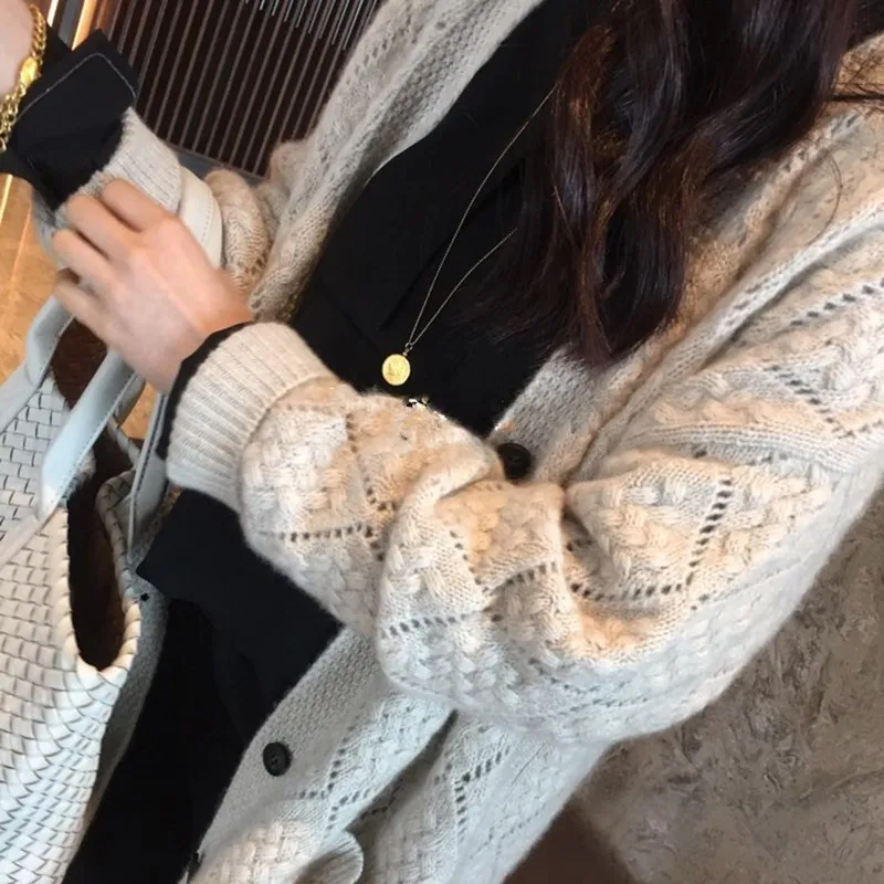 Women's Long Sleeve Cashmere Cardigan Sweater Hollow Out Thick Woolen Loose Outer Wear Autumn Winter Button Pocket |