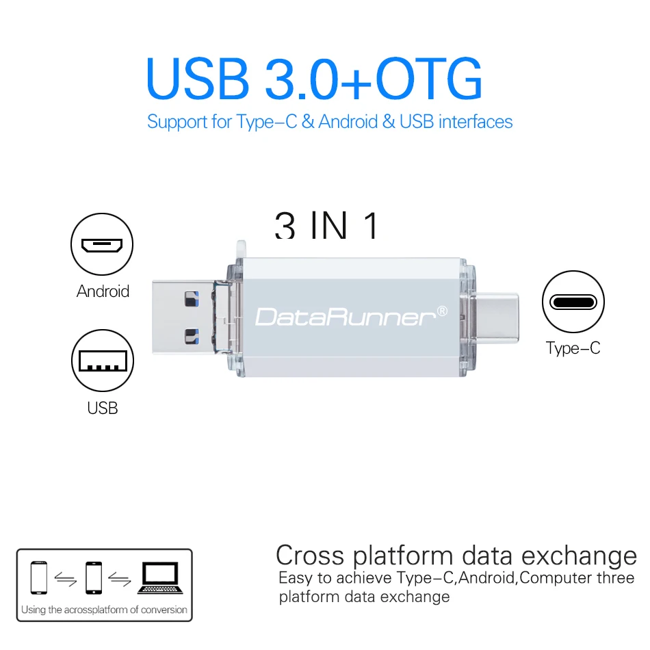 DataRunner 3 в 1 OTG флеш-накопитель USB3.0& Тип type-C и Micro USB флэш-накопитель 512 ГБ 256 ГБ 128 Гб 64 Гб оперативной памяти, 32 Гб встроенной памяти OTG флеш-накопитель USB флеш-накопитель