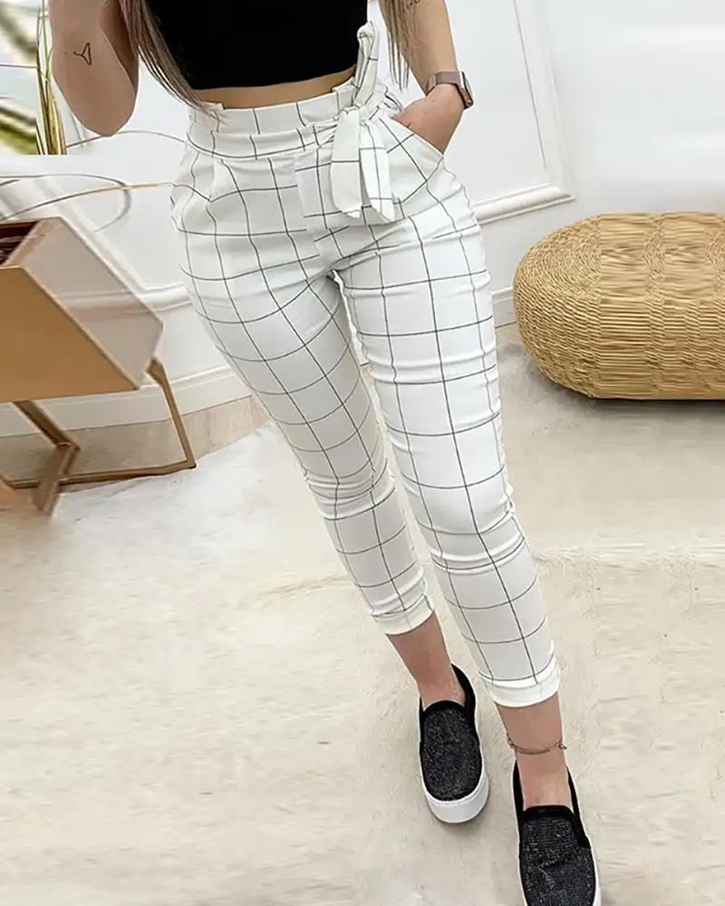 

White High Waist Grid Paperbag Waist Casual Pants Autumn Women Elegant Cropped Pocket Pants Female