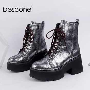 

BESCONE Women Shoes Winter Fashion High Platform Ladies Ankle Boots Zipper Lace-Up Round Toe Square Heel Short Boots Women C830