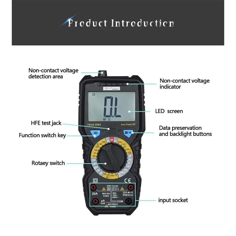 ADM08A 6000 отсчетов Цифровой мультиметр Емкость измеритель частоты тестер