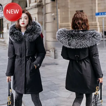 

parkas plus size thick warm mid-Long Hooded parkas Jackets fur inside female slim padding parkas