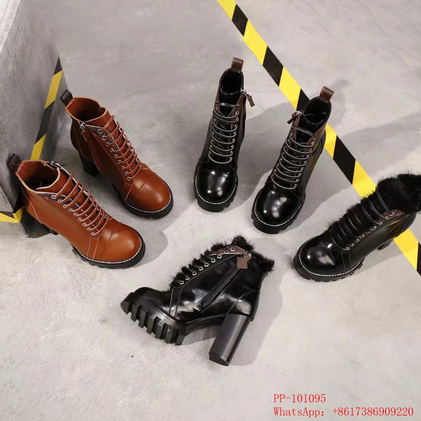 

2019 Spring and Autumn Luxury brand louie vuiton Genuine Leather Designer Women's Boots round toe solid high heels Lace-up boots