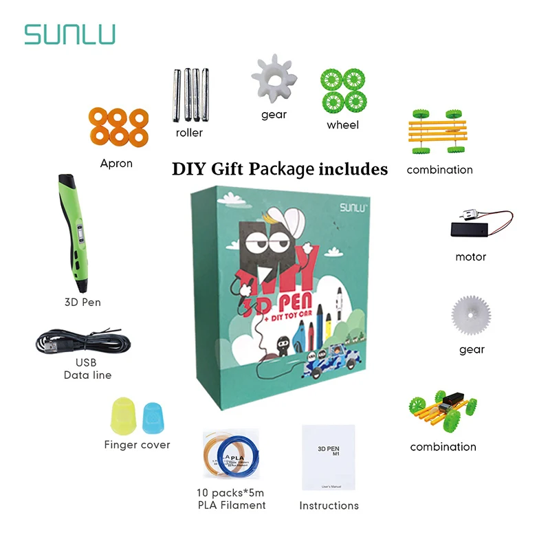 SUNLU SL-300 3D ручка DIY автомобильный набор цифровая 3D печать ручка с 50 м PLA нитью дети исследуют мозги изобразить строк - Цвет: SL-300 Car Green