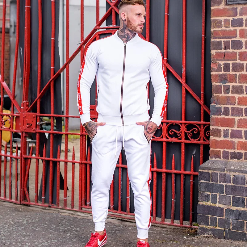 

Zipper White Tracksuits Men Sets Gym Sportswear Striped Jacket Male Jogging Suit Clothing Two Pieces Set Causal 2020 Autumn Sets