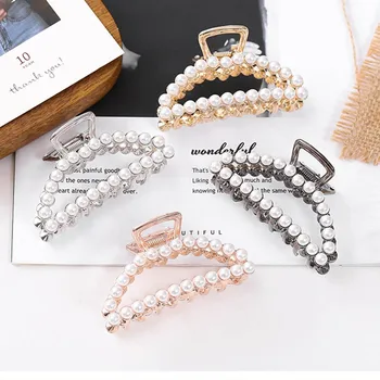 

1 pc Women Girls Geometric Imitation Pearl Hair Claw Clamps Hair Crab Moon Shape Hair Clip Claws Solid Color Accessories Hairpin