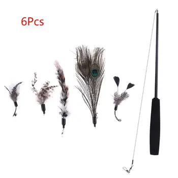 

6Pcs/Set Kitten Cat Playing Rod Strectchable Pet Bell Teaser Wand 5 Replacement Feather Heads Funny Interactive Exercise Toy