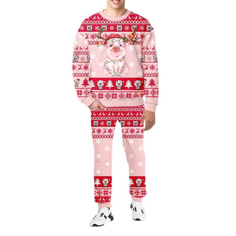 Christmas Sweaters Men's Tracksuit Clothing Couples 3d Print Pink Piggy Family Sweetshirts With Pants 2 Pieces Sets Oversize 6XL christmas hoodie pants sets men s tracksuit 2 piece set 3d printed holiday oversized sportswear suit fashion funny men s cloth