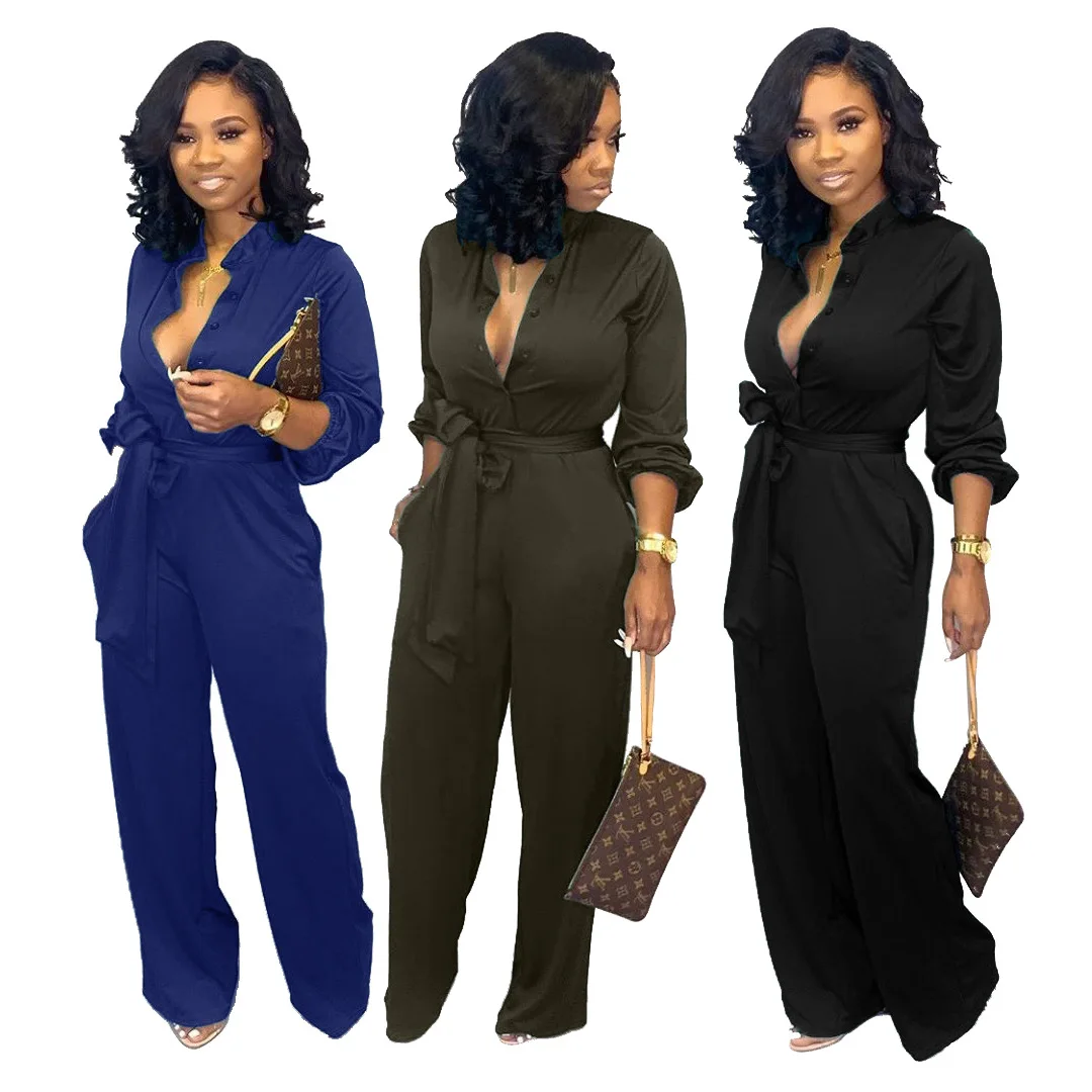 

Overalls for Women V-neck Fashion Autumn Winter Models Loose Women's Black Blue Jumpsuit Enteritos Largos De Mujer Elegantes