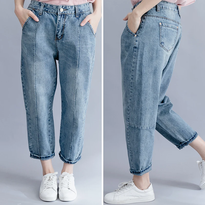 Новинка, летние джинсовые длинные штаны, свободные повседневные корейские штаны с карманами на молнии, однотонные женские джинсы