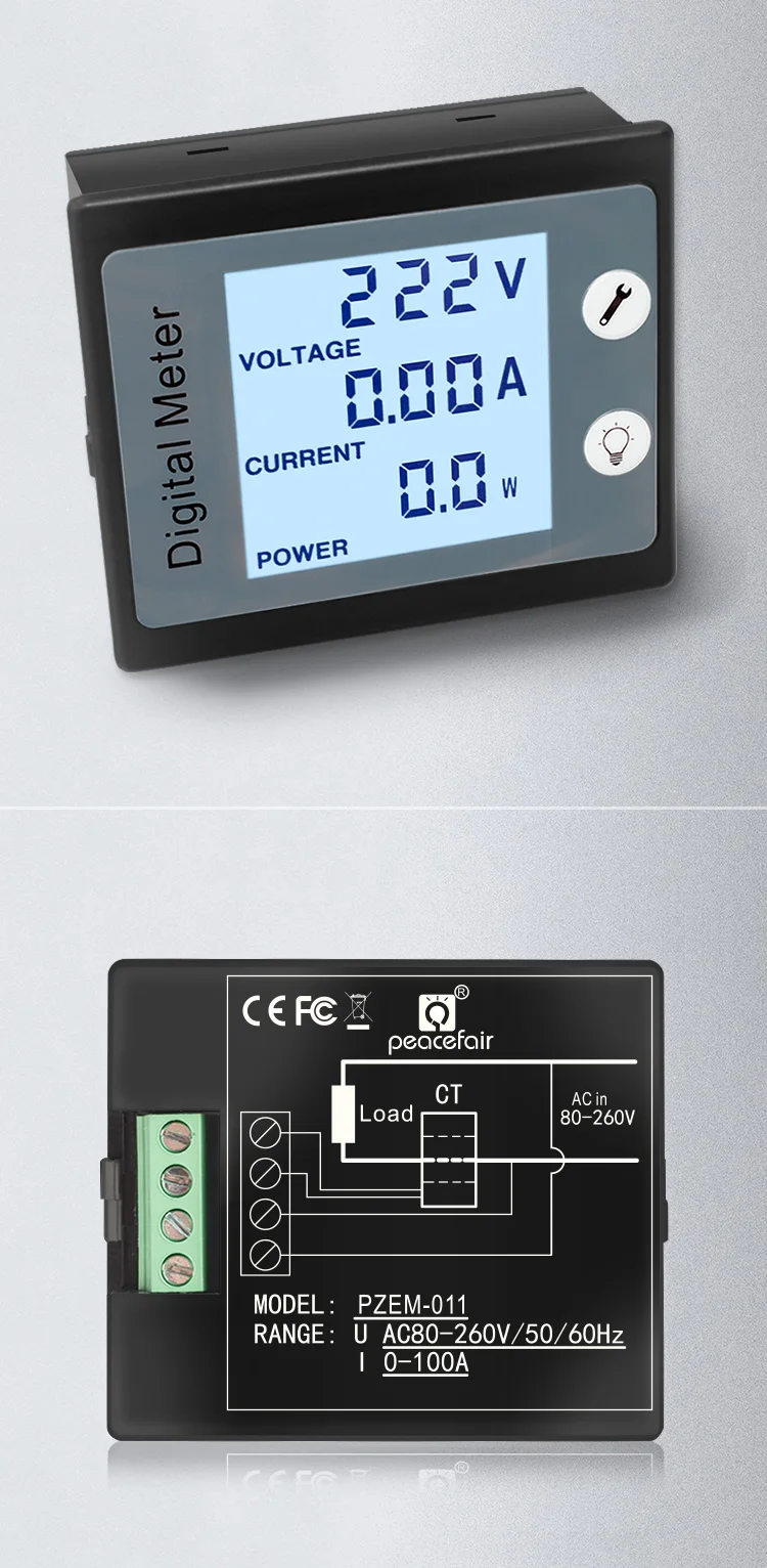 PEACEFAIR PZEM-011 STN Display Current Voltage Watt Energy Panel Tester Meter+CT 