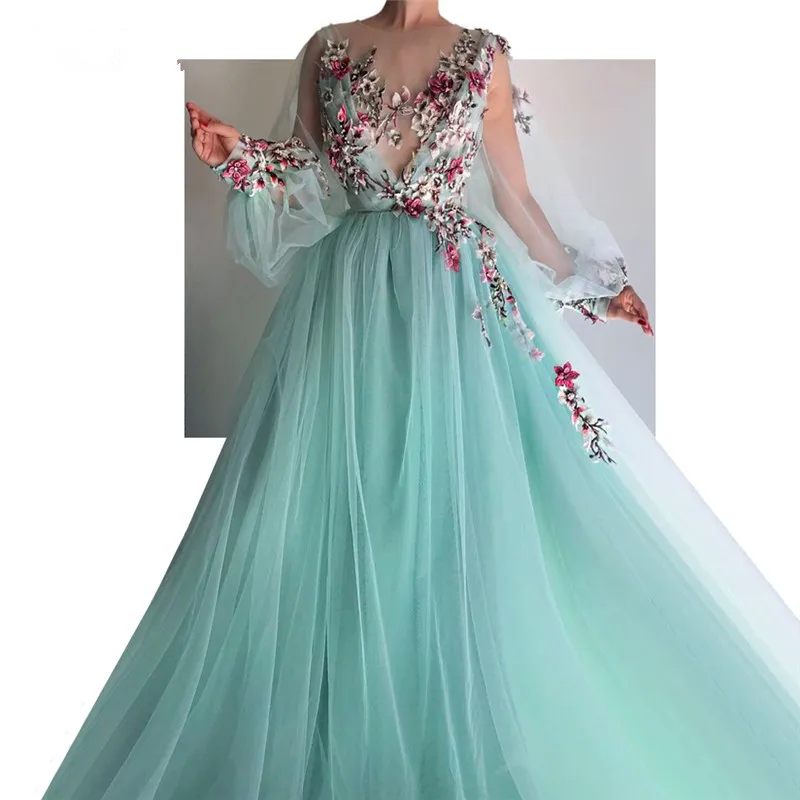 Бирюзовый мусульманские Вечерние платья трапециевидной формы Тюль с длинным