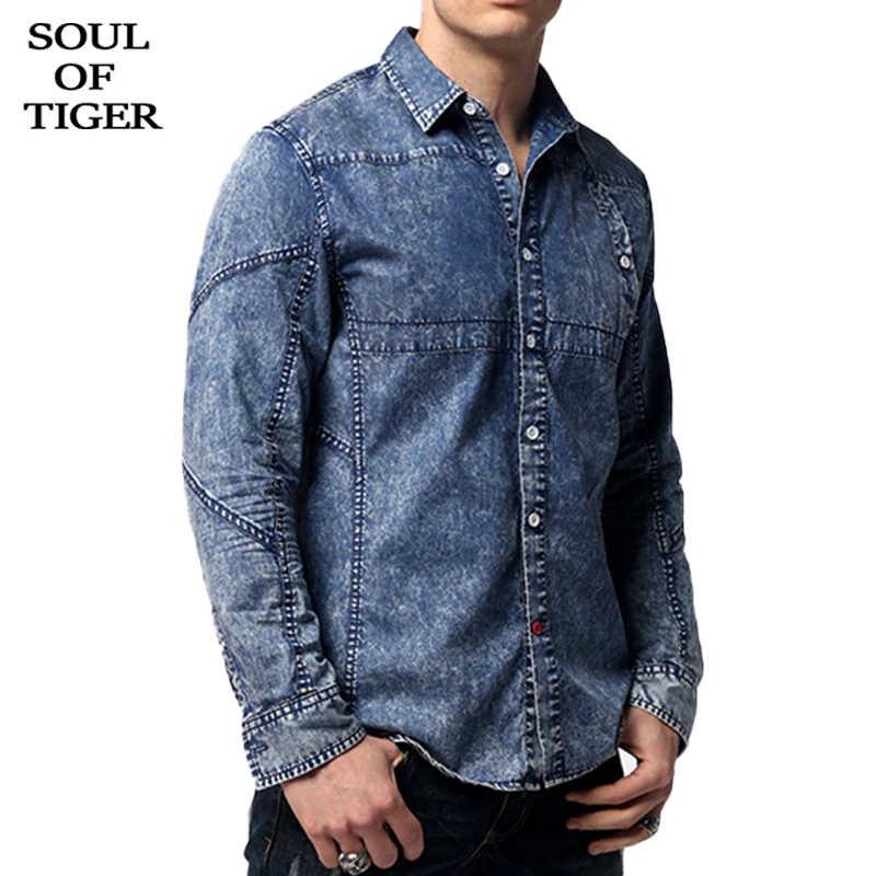 SOUL OF TIGER/корейские модные мужские облегающие рубашки с длинным рукавом, мужские винтажные джинсовые топы, Повседневная Осенняя уличная