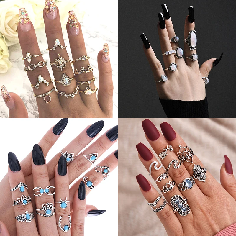 Multi-style Rhinestone Retro Original Ring Bohemian Inlaid Large Gemstone Ripple Simple Gold and Silver | Украшения и аксессуары