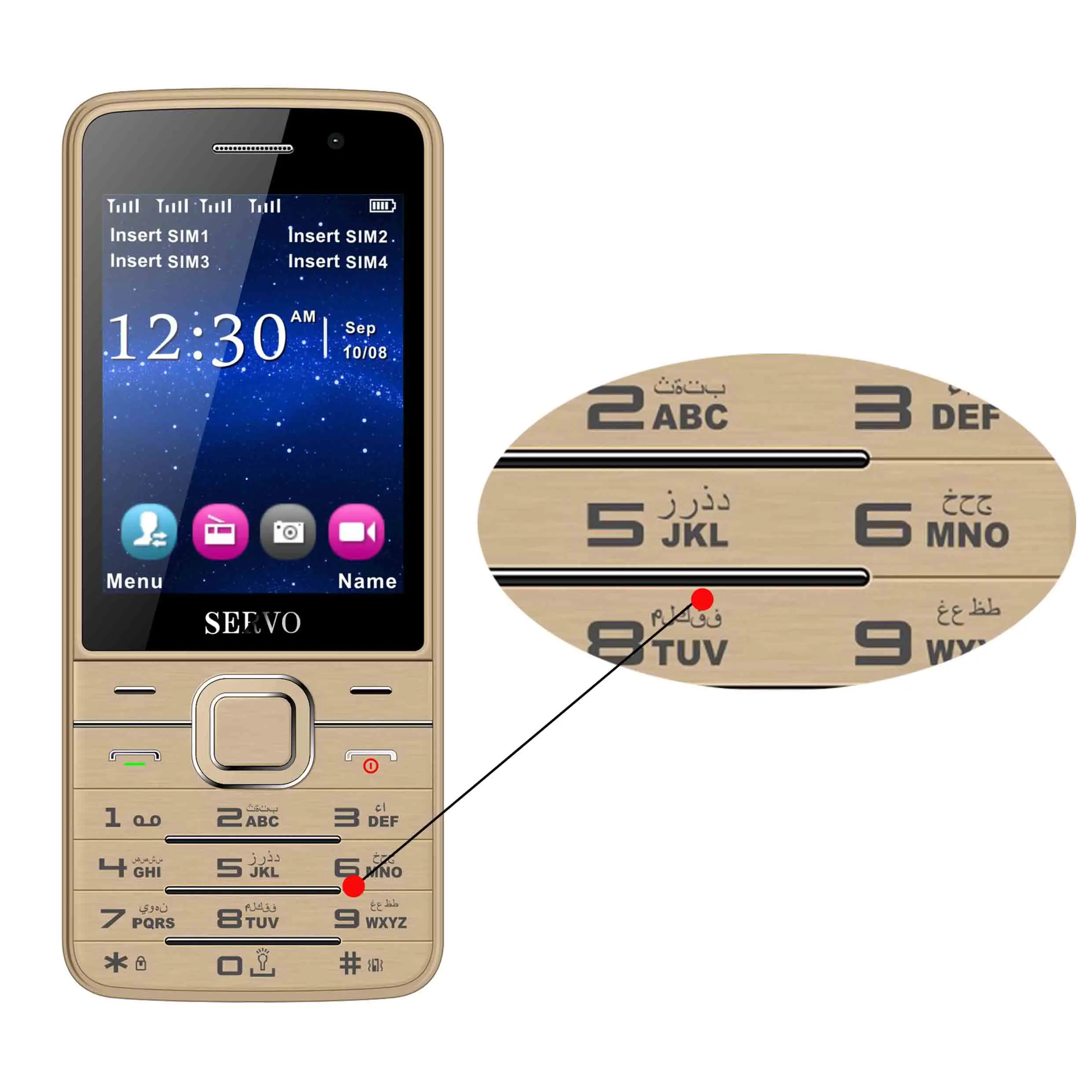 Arabic button Gold Original Phone SERVO V9500 2.8 inch 4 SIM cards Quad standby GPRS Bluetooth MP3 FM vibration Russian keyboard 2G Mobile phones - Цвет: Arabic button Gold
