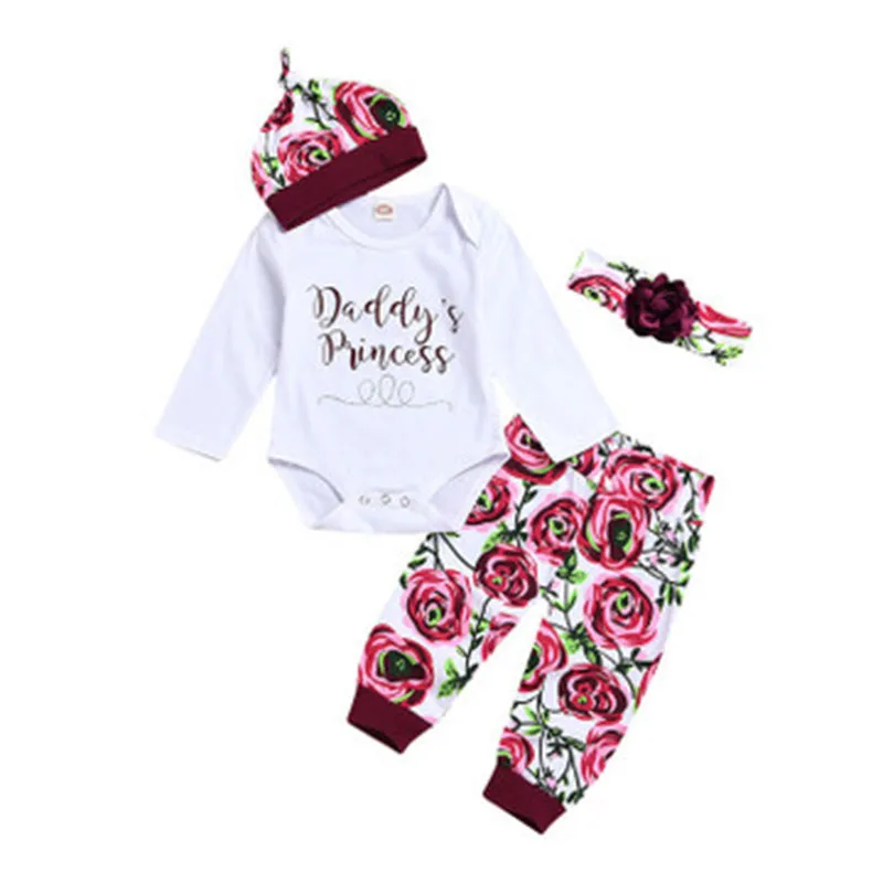

Girls Flower Letter Print Set Hat Haber Pants Three-Piece Set Cotton Printed Top Europe America Letter Print Autumn Girls' Wear