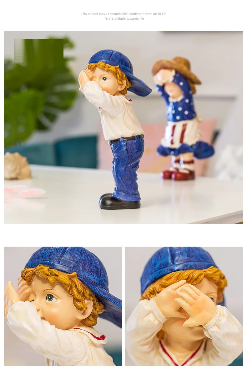 Европейский милый мультфильм Peek-A-Boo рисунок Художественная Скульптура мальчик и девочка Фигурка креативные изделия из смолы украшения для дома R3604