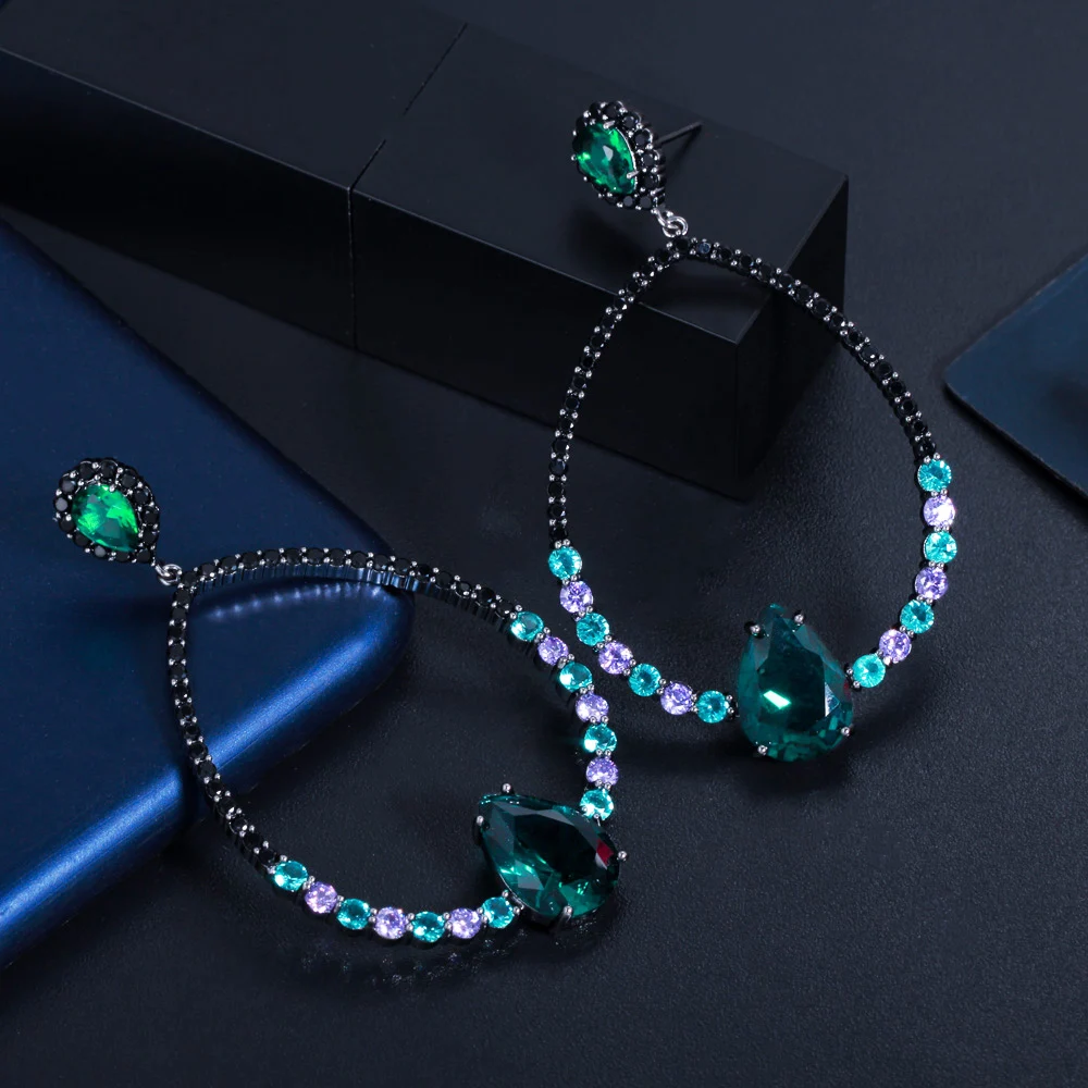 CWWZircon Green Black Cubic Zircon Stone Round Drop Big Party Earring for Women American European Designer Wedding Jewelry CZ913