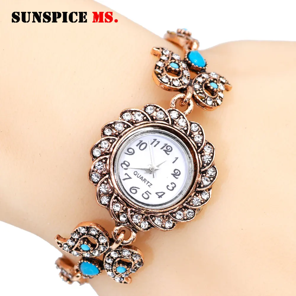 Sunspice MS античные часы браслет для женщин Серебряный цвет Хрустальный цветок винтажные Свадебные украшения Рождественские подарки оптом - Окраска металла: MTwt01BLUE