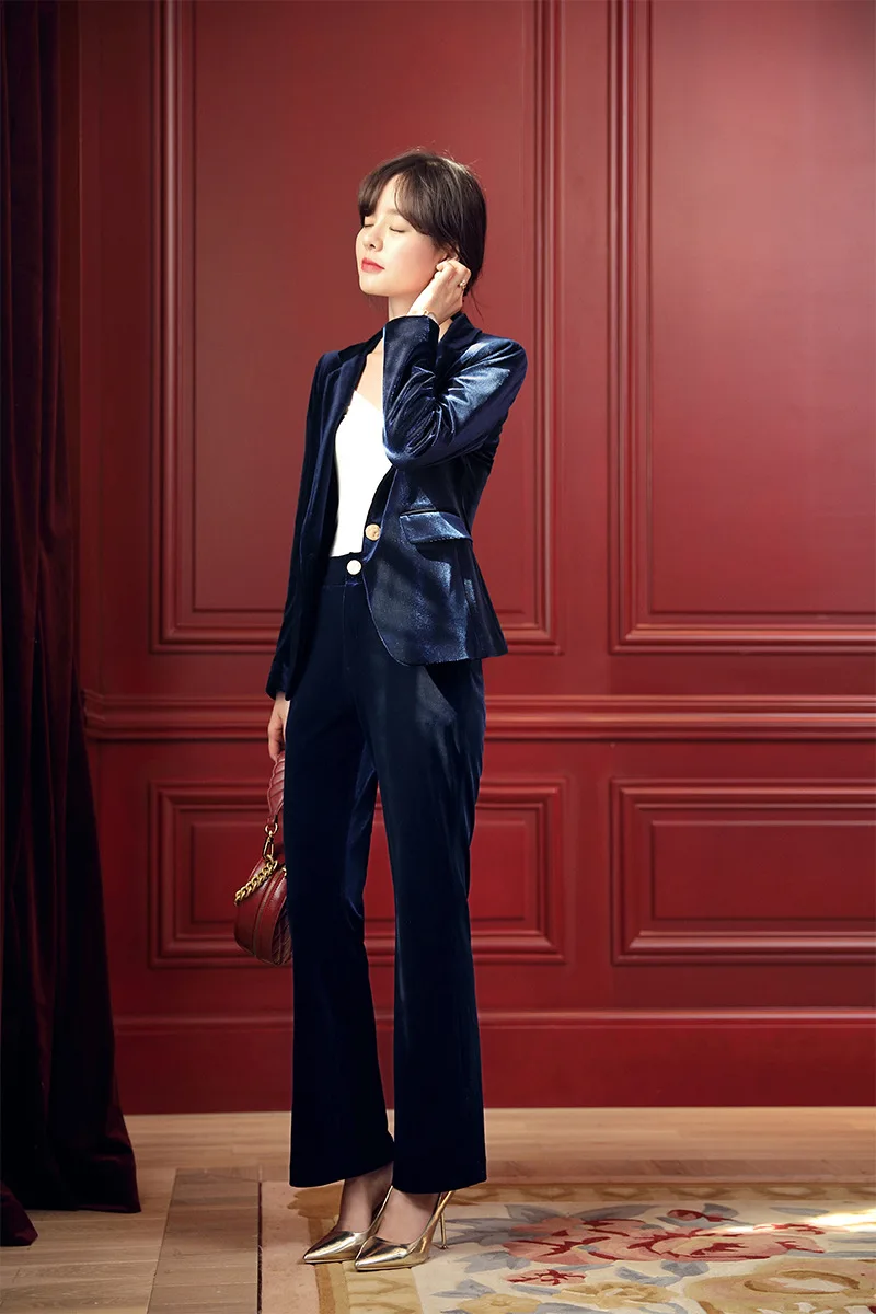 KoHuiJoo Women Formal Pants Spring Autumn Slim Office Ladies Velvet Trousers Plus Size Elegant Formal Work Pants Green Blue 4XL