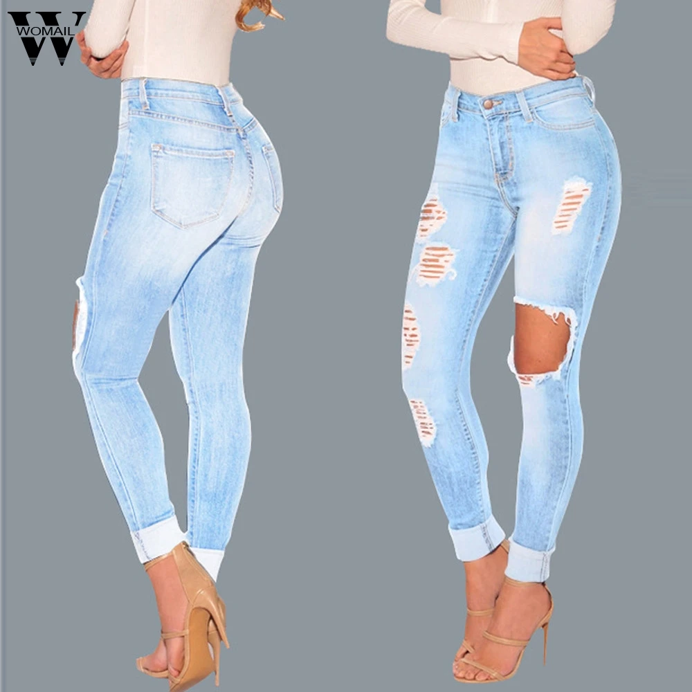 

Womail 2019 New Autumn Jeans Women Hight Waisted Jeans Plus Size Skinny Slim Denim Pants With Hole Button Blue Female Jeans AG22