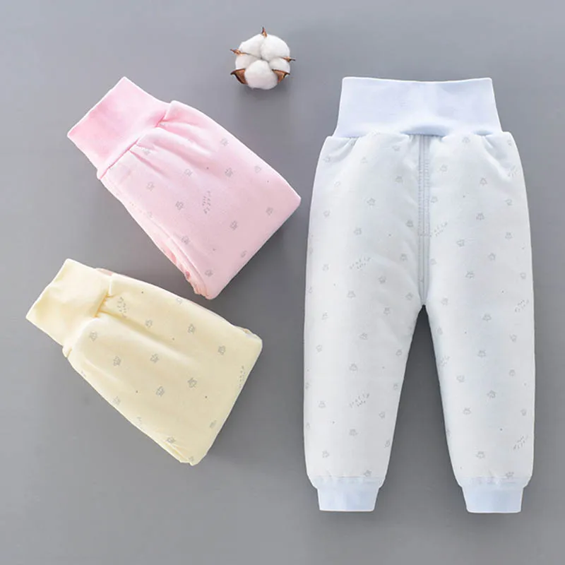 Утепленные штаны для новорожденных мальчиков и девочек, хлопковые штаны с высокой талией и открытым шаговым швом для малышей