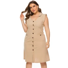 

Summer V Neck Sleeveless Pocket Skirt Plus Size Dresses For Women 2021 New Pure Color Single Breasted Knee Length Skirt Casual