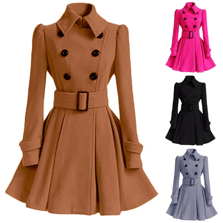 Шерстяное Женское пальто зимнее пальто двубортный ремень тонкая куртка женская модная черная Повседневная Верхняя одежда винтажное пальто