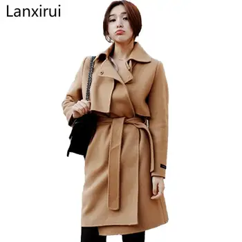 

Korean Slim Woman Wool Coat Winter Fashion Pure Color Long Sleeve Waist Coat Loose Warm Woolen Coat Plus Size S -Xl