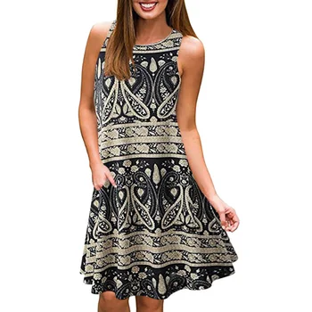 

Summer Floral Dress Women Printed Sexy Round Neck Sleeveless Loose Large Pendulum A Line Short Dress Beachwear