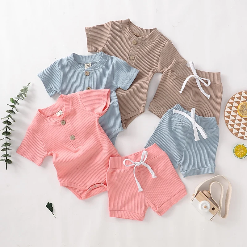 

Newborn Baby Boy Clothes Short Sleeve Jumpsuit Tops+ Solid Shorts 2Pcs Toddler Summer Outfit Set Knitted Baby Kids Clothing Set
