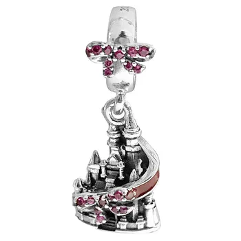 

New 925 Sterling Silver Charm Red Enamel Rose Bow Castle With Crystal Pendant Beads Fit Pandora Bracelet Bangle Diy Jewelry