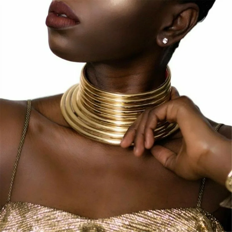 African Jewelry Vintage Necklace Metal Coil Adjustable Leather Torques Statement Choker Necklace Gift Maxi Collar Punk Style