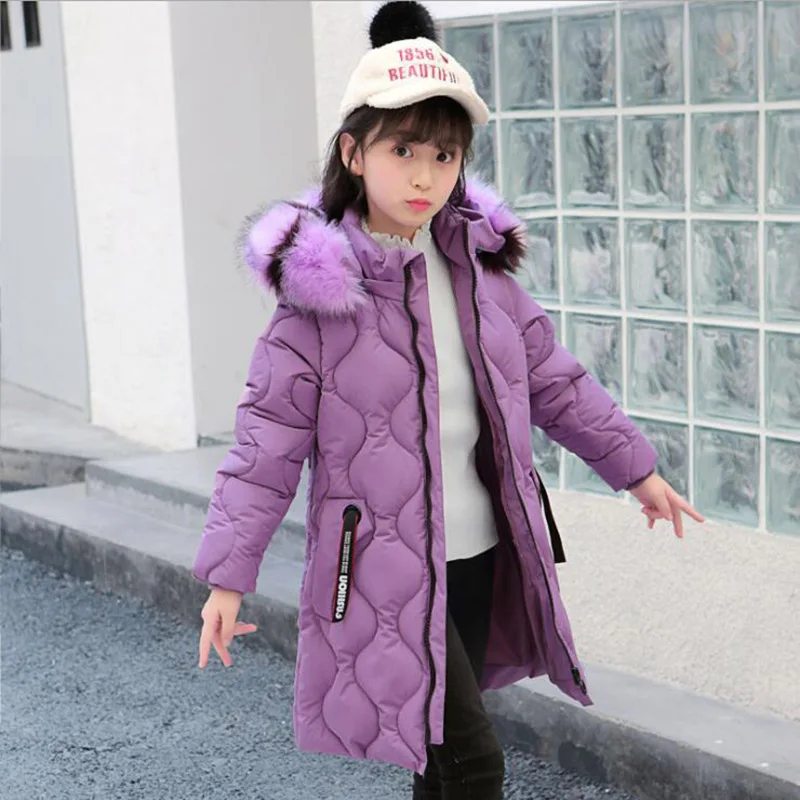 purple Коллекция года, зимнее пальто с меховым воротником для девочек одежда с капюшоном и длинными рукавами ветровка, хлопковый Детский пуховик Детская верхняя одежда, парка - Цвет: purple