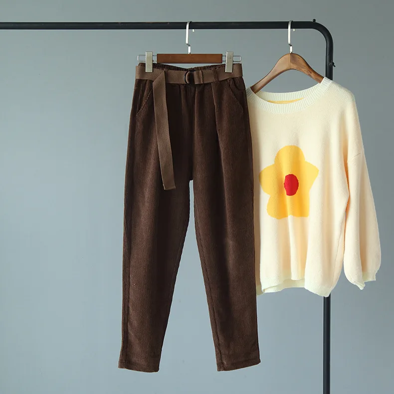 Mooirue вельветовые длинные штаны с поясом зимние винтажные уличные брюки в Корейском стиле с высокой талией с карманами эластичные шаровары - Цвет: Коричневый