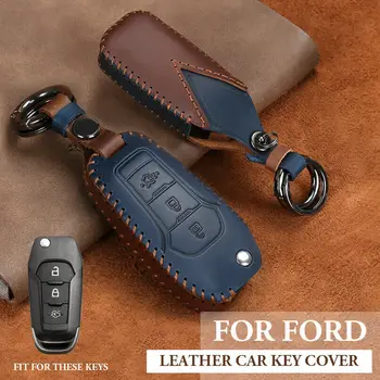 

1Pcs 3 Buttons Leather Car Remote Key Fob Case Cover Holder With Keychain For Ford Explorer F-150 F250 F-350 Fiesta