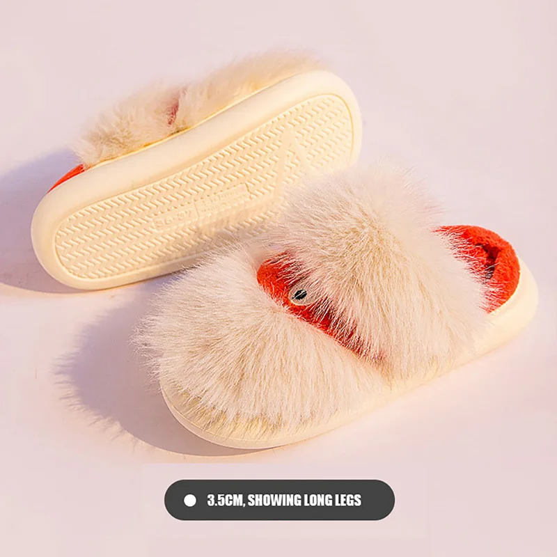 Women Fur Slippers Winter Warm Shoes For Women 3.5cm Heel Platform Shoes Cute Cartoon Plush Home Slippers Indoor Fluffy Slippers