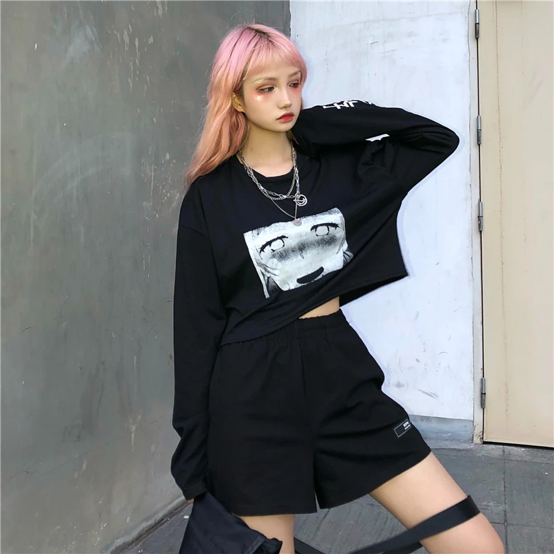 Японский Harajuku Женский Осенний черный короткий топ готичный панк стиль аниме мультфильм Письмо печатная объемная футболка хип хоп Милая футболка рубашка